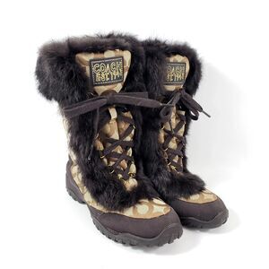 Coach Jennie Size 7.5B Womens Khaki Signature Rabbit Fur Winter Boots